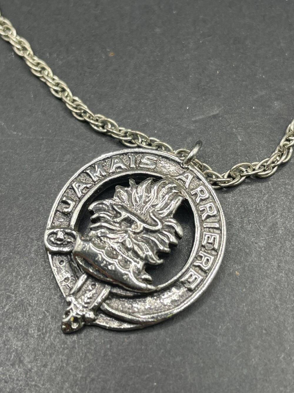 Vintage Douglas Clan Scottish Crest Pendant Silver Tone Rope Chain Necklace